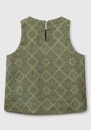  Kadın Haki %100 Keten Desenli Kolsuz Bluz