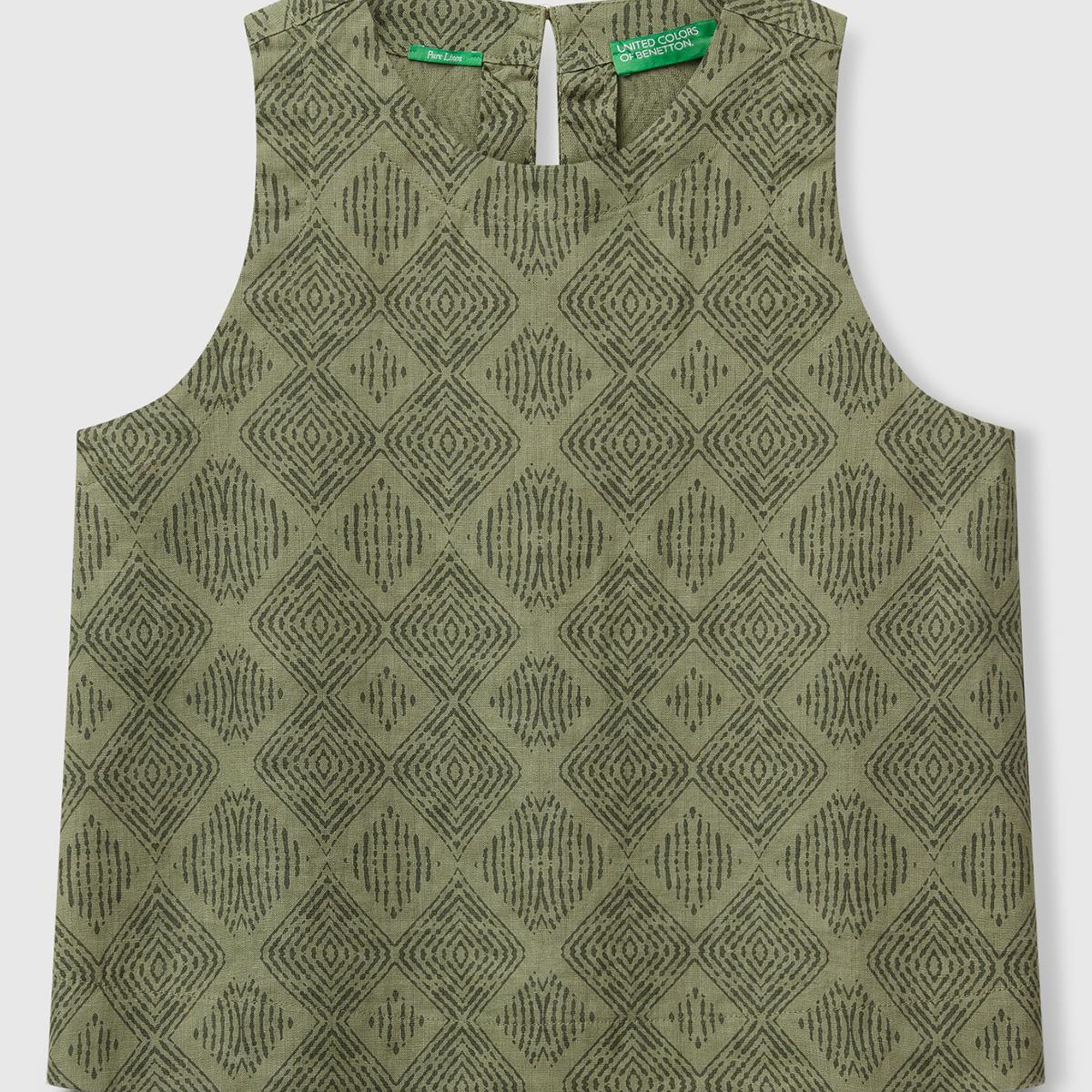 Kadın Haki %100 Keten Desenli Kolsuz Bluz