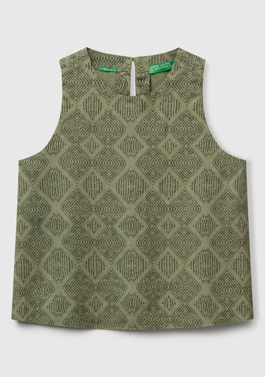  Kadın Haki %100 Keten Desenli Kolsuz Bluz