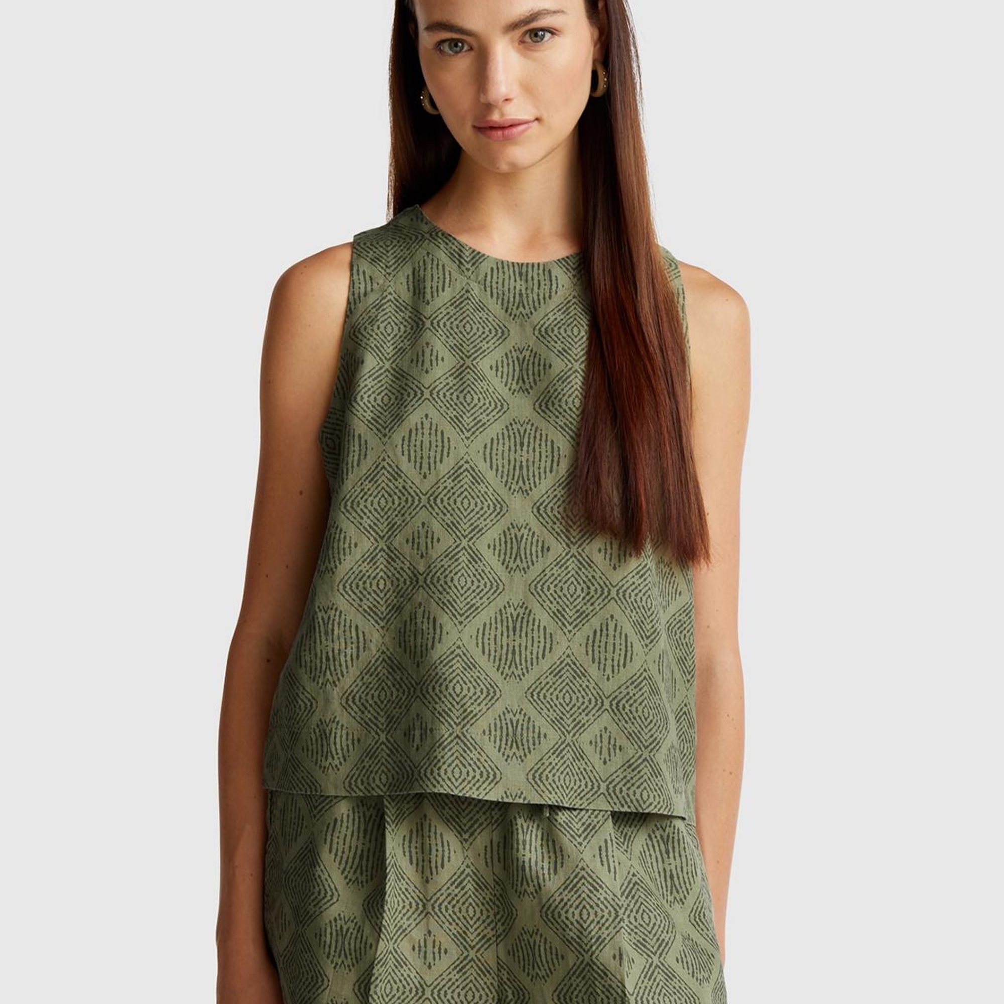 Kadın Haki %100 Keten Desenli Kolsuz Bluz