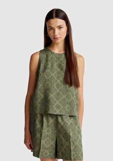  Kadın Haki %100 Keten Desenli Kolsuz Bluz