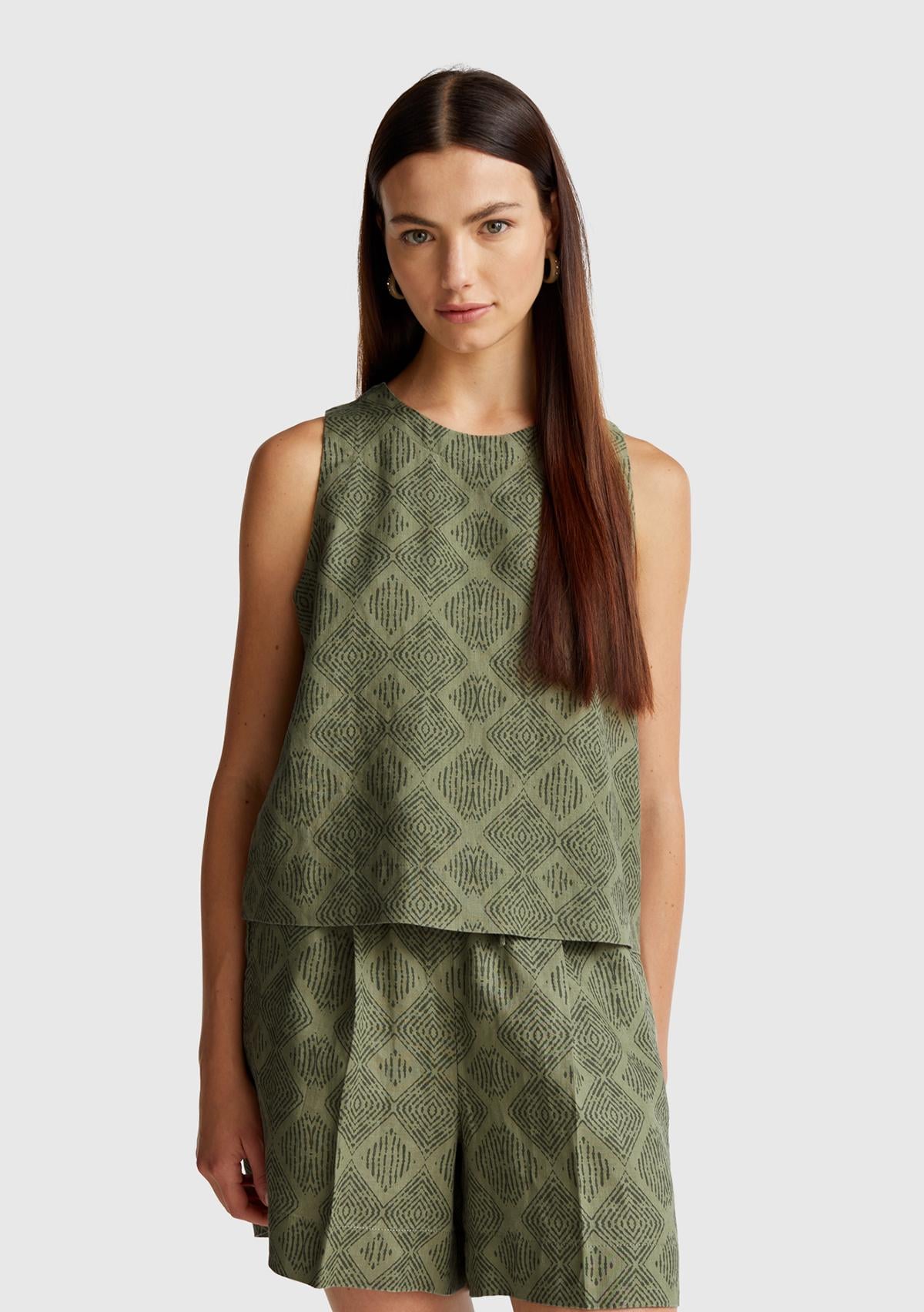  Kadın Haki %100 Keten Desenli Kolsuz Bluz