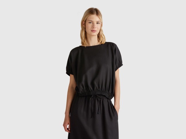  Kadın Siyah %100 Liyosel Beli Lastikli Kimona Kol Bluz