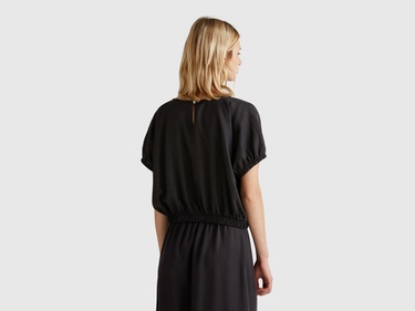  Kadın Siyah %100 Liyosel Beli Lastikli Kimona Kol Bluz