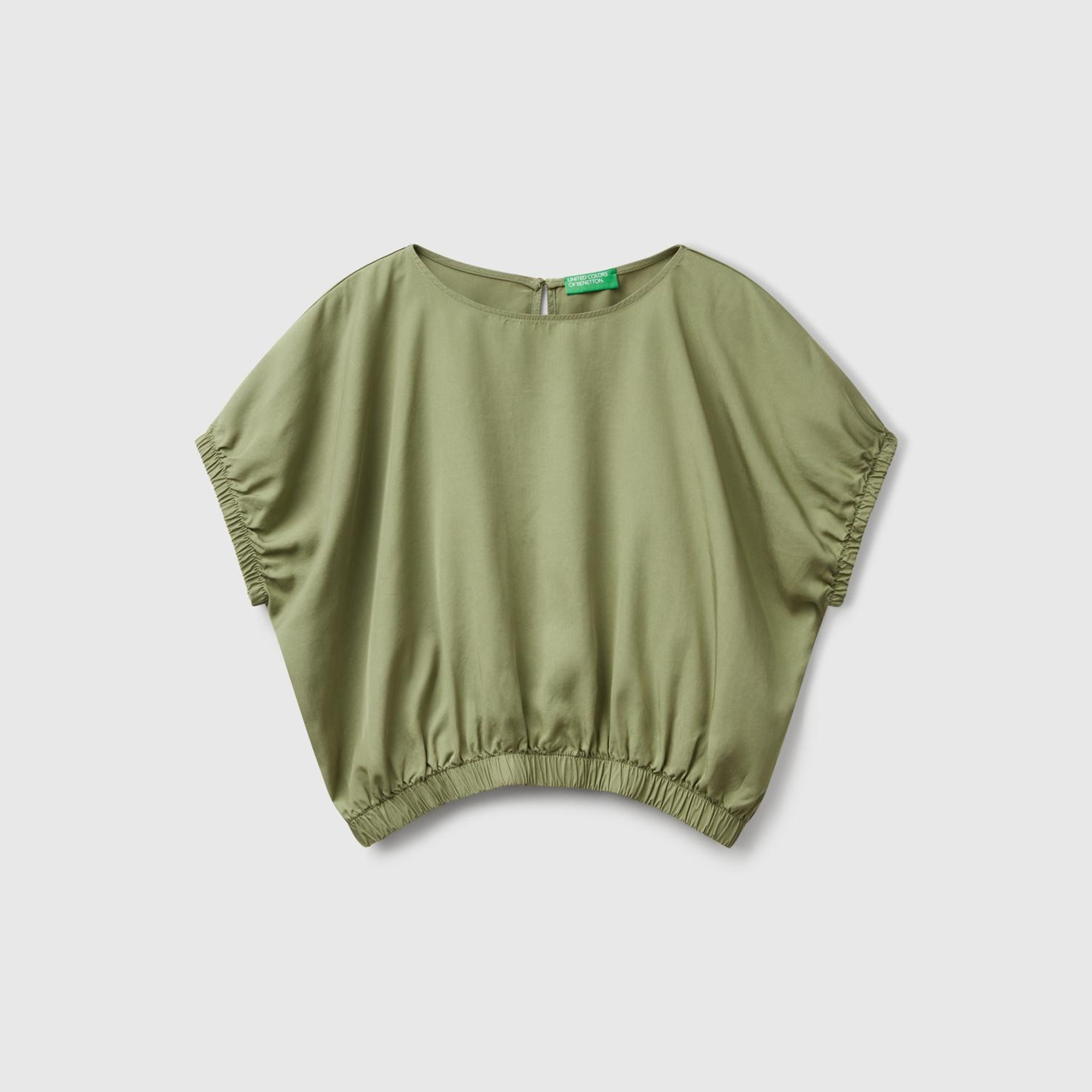 Kadın Adaçayı yeşili %100 Liyosel Beli Lastikli Kimona Kol Bluz