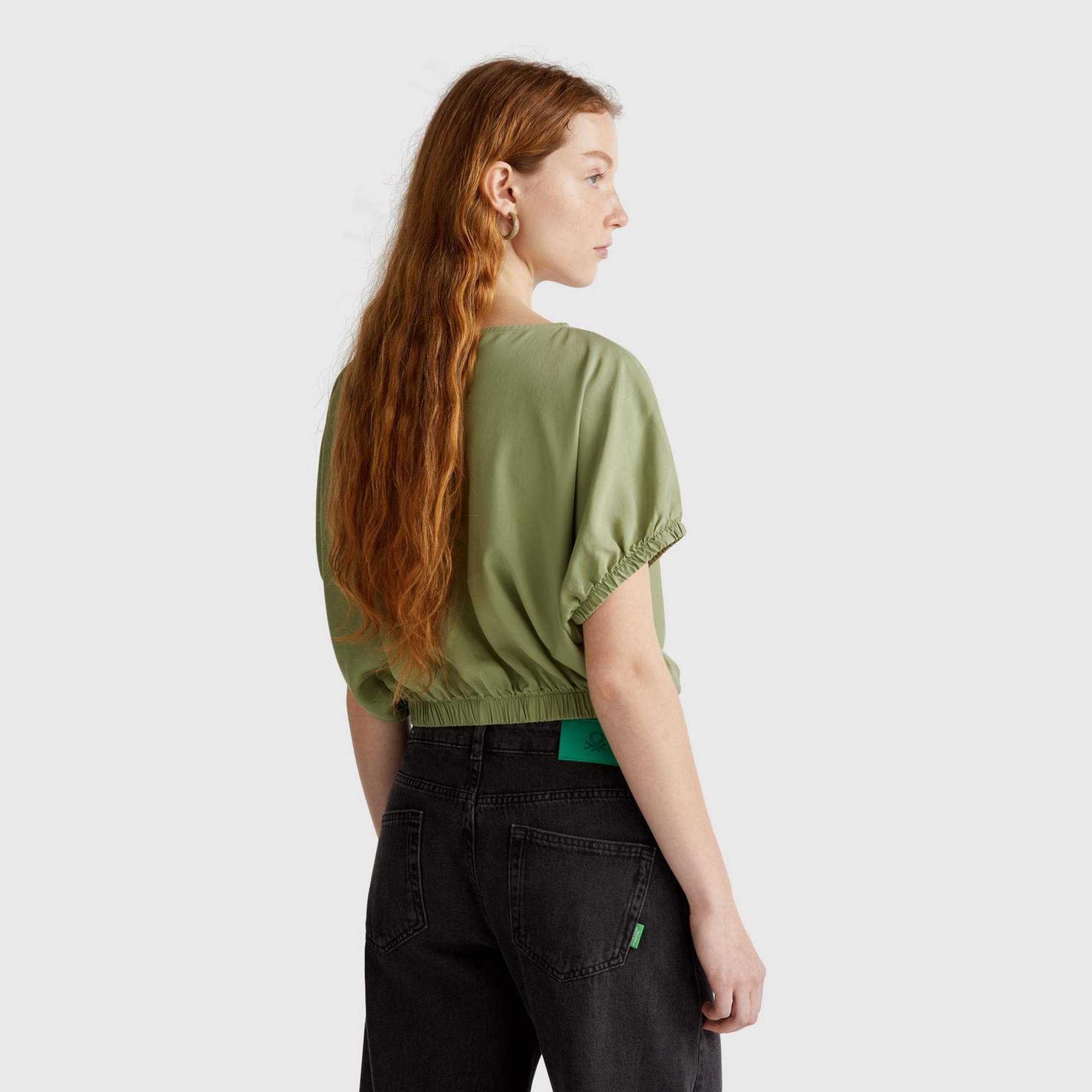 Kadın Adaçayı yeşili %100 Liyosel Beli Lastikli Kimona Kol Bluz