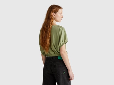  Kadın Adaçayı yeşili %100 Liyosel Beli Lastikli Kimona Kol Bluz