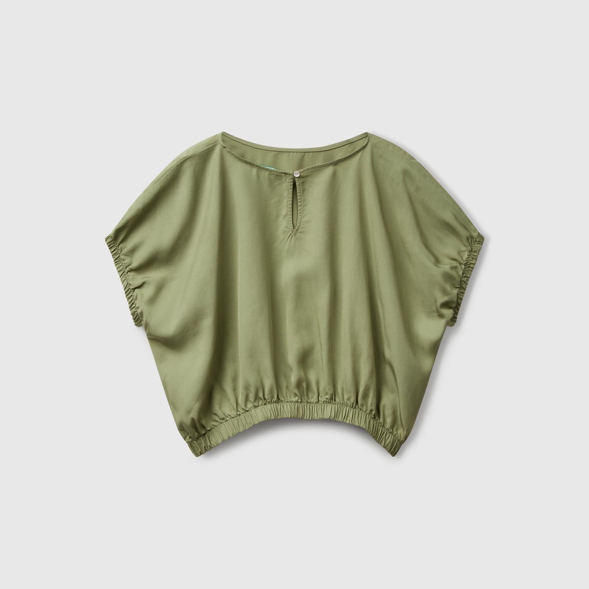 Kadın Adaçayı yeşili %100 Liyosel Beli Lastikli Kimona Kol Bluz