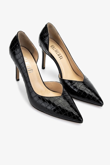  Valmenti Kadın Hakiki Deri Siyah Kroko Topuklu Ayakkabı