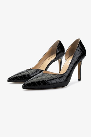  Valmenti Kadın Hakiki Deri Siyah Kroko Topuklu Ayakkabı