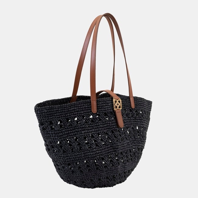  Amelie Siyah Kadın Deri Detaylı Hasır Omuz Çantası