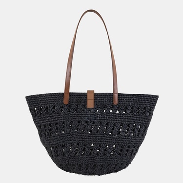  Amelie Siyah Kadın Deri Detaylı Hasır Omuz Çantası