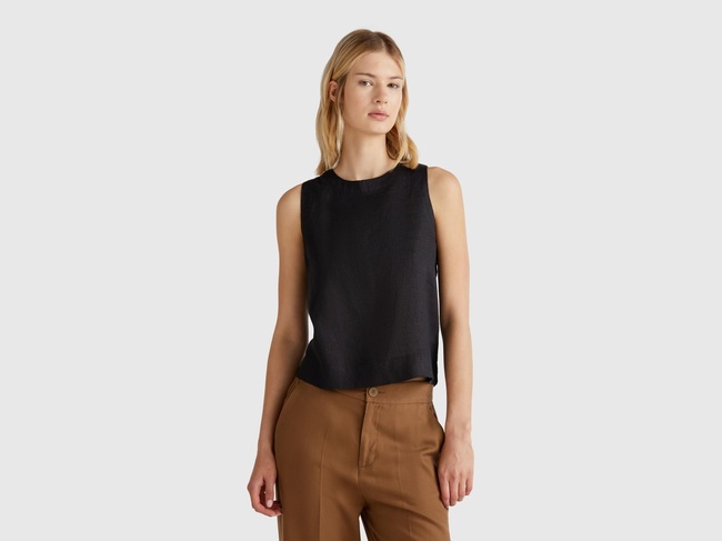  Kadın Siyah %100 Keten Kolsuz Bluz