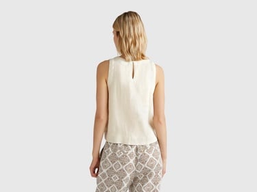  Kadın Taş Rengi %100 Keten Kolsuz Bluz