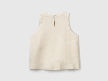  Kadın Taş Rengi %100 Keten Kolsuz Bluz