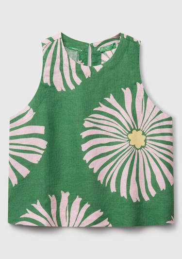  Kadın Yeşil %100 Keten Desenli Kolsuz Bluz