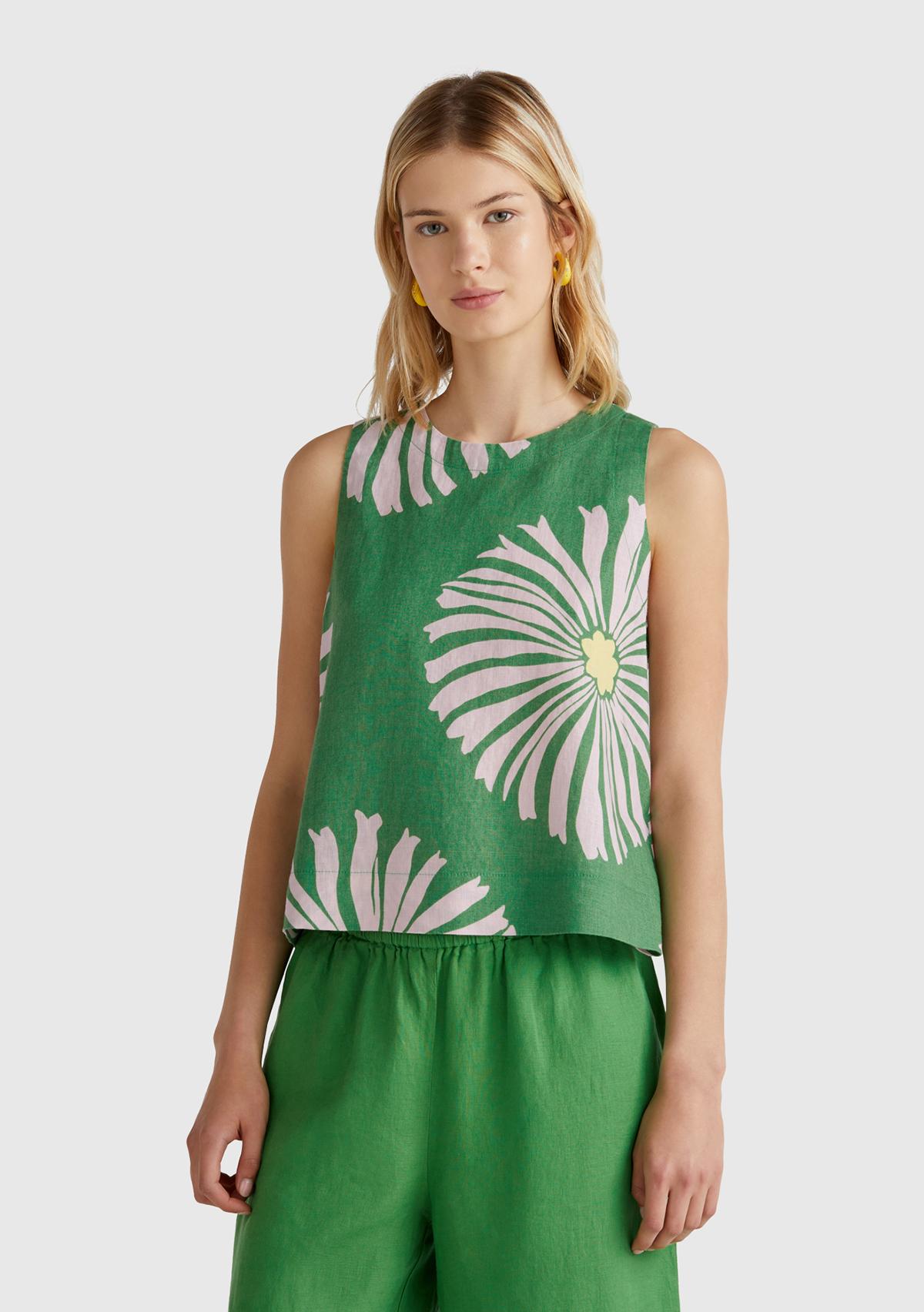  Kadın Yeşil %100 Keten Desenli Kolsuz Bluz