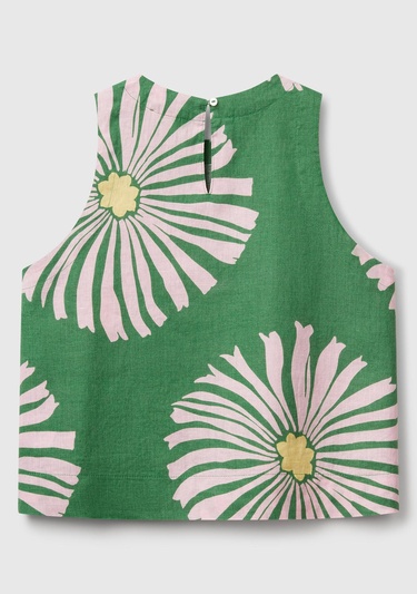  Kadın Yeşil %100 Keten Desenli Kolsuz Bluz