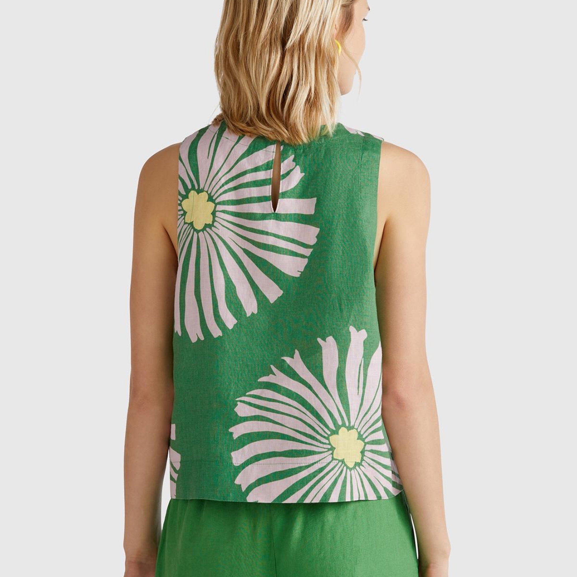 Kadın Yeşil %100 Keten Desenli Kolsuz Bluz