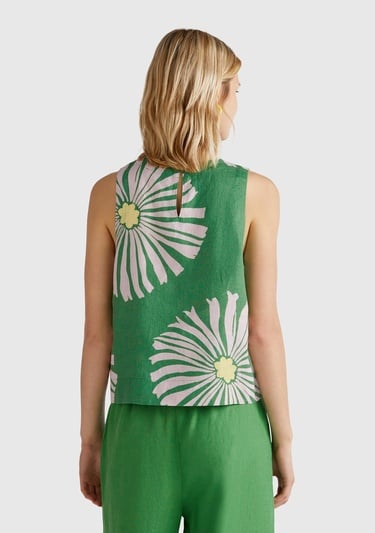  Kadın Yeşil %100 Keten Desenli Kolsuz Bluz