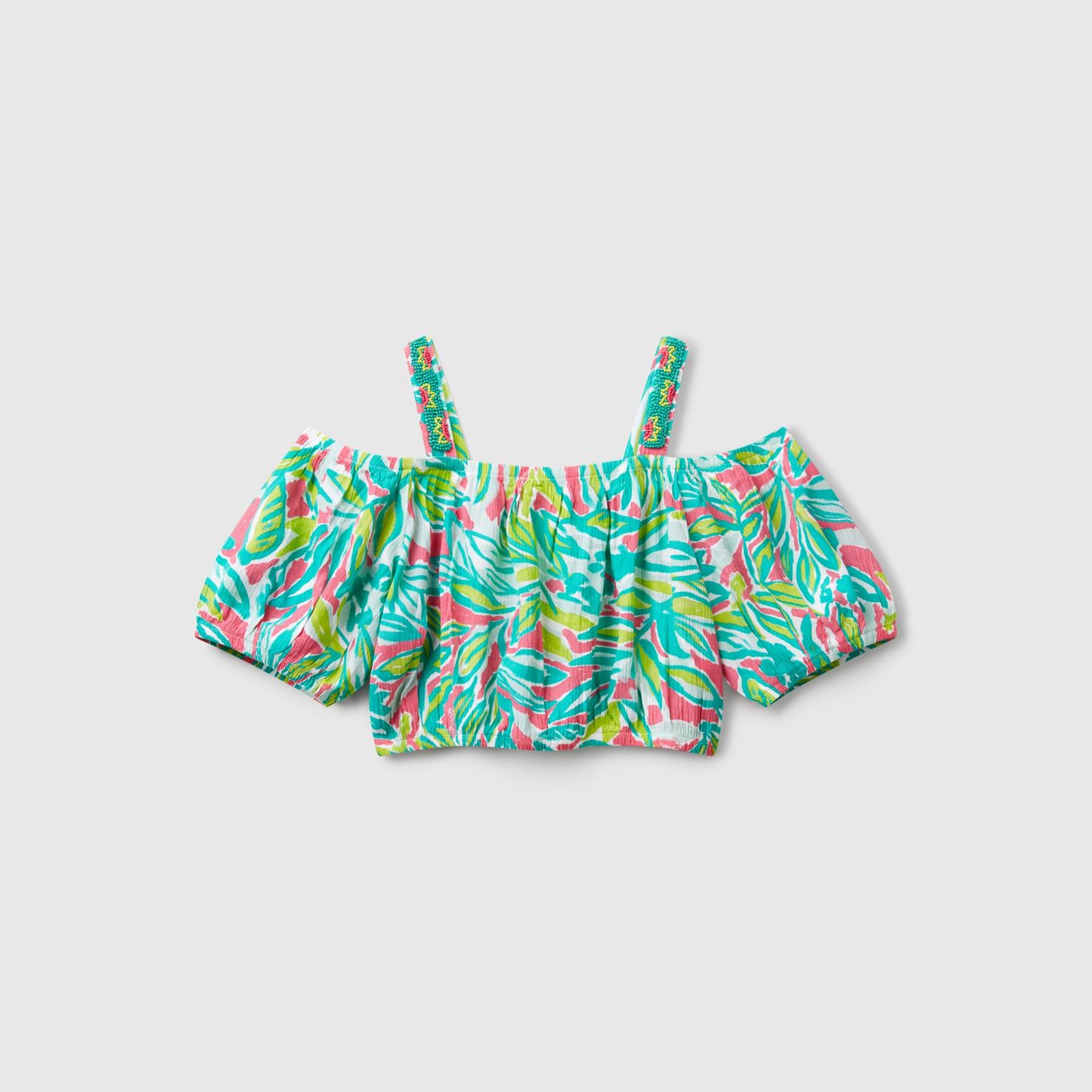 Kız Çocuk Yeşil %100 Viskoz Desenli Omuzları Açık Crop Üst