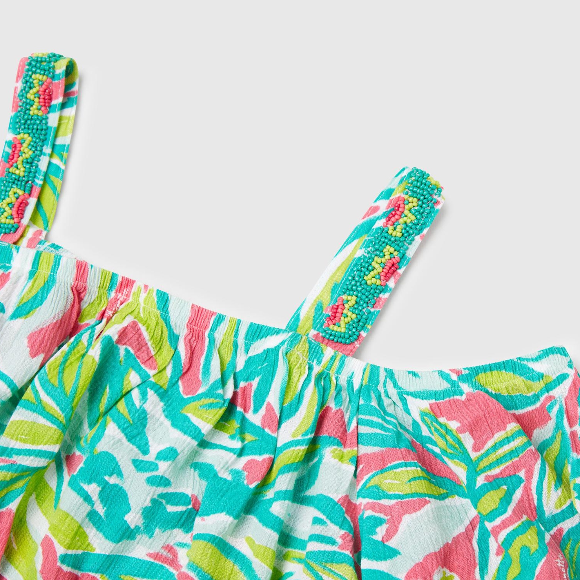 Kız Çocuk Yeşil %100 Viskoz Desenli Omuzları Açık Crop Üst