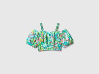  Kız Çocuk Yeşil %100 Viskoz Desenli Omuzları Açık Crop Üst