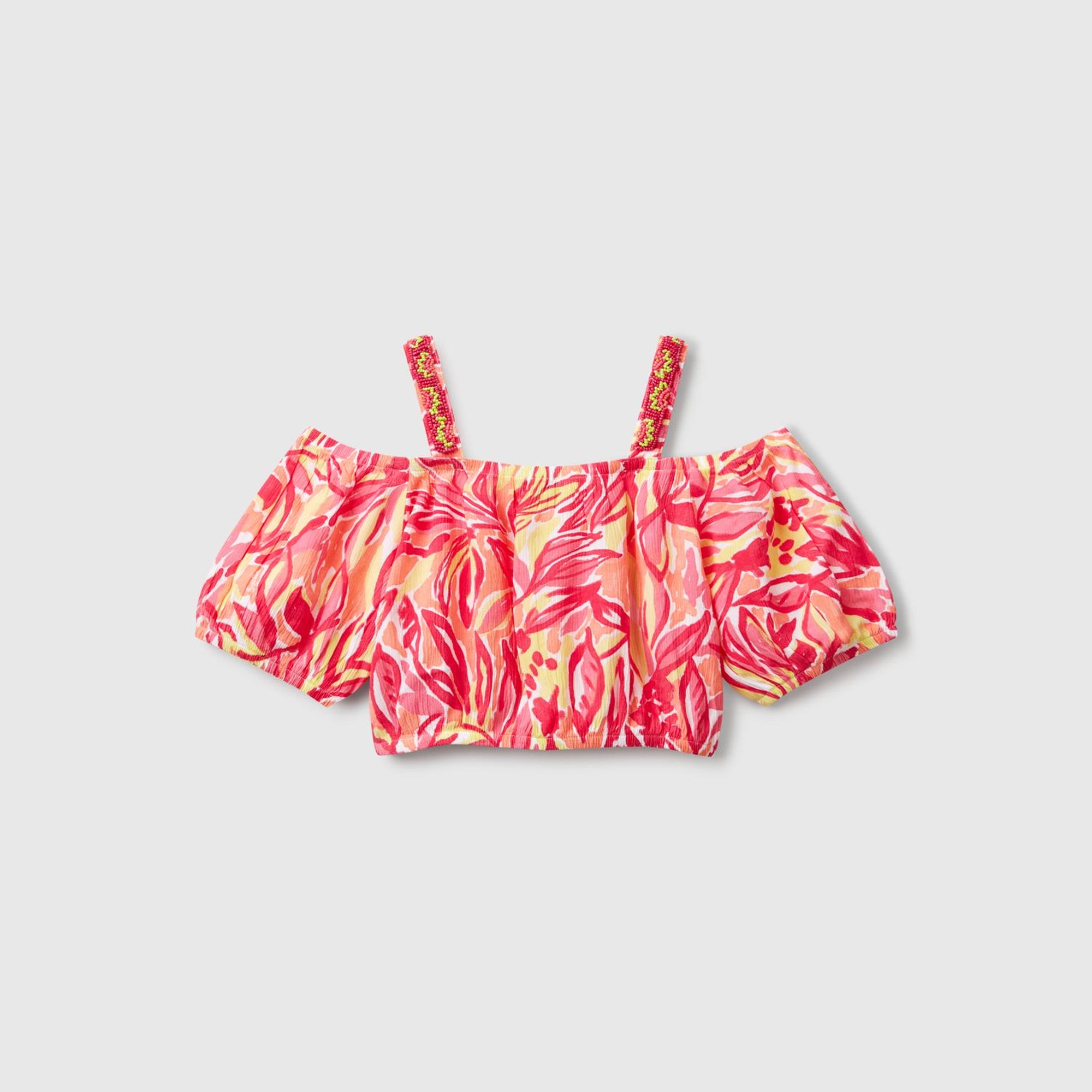 Kız Çocuk Turuncu %100 Viskoz Desenli Omuzları Açık Crop Üst