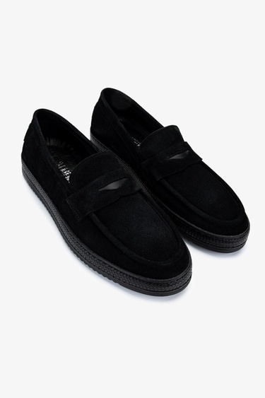  Valmenti Erkek Hakiki Deri Siyah Süet Loafer Ayakkabı