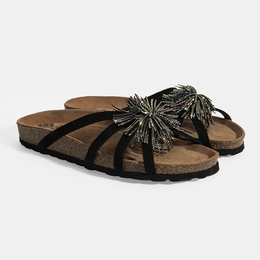  Kadın Siyah Taş Detaylı Süet Terlik