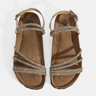  Kadın Altın Ayarlanabilir Tokalı Taş Detaylı Sandalet