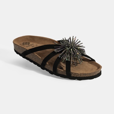  Kadın Siyah Taş Detaylı Süet Terlik