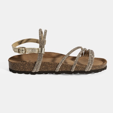  Kadın Altın Ayarlanabilir Tokalı Taş Detaylı Sandalet