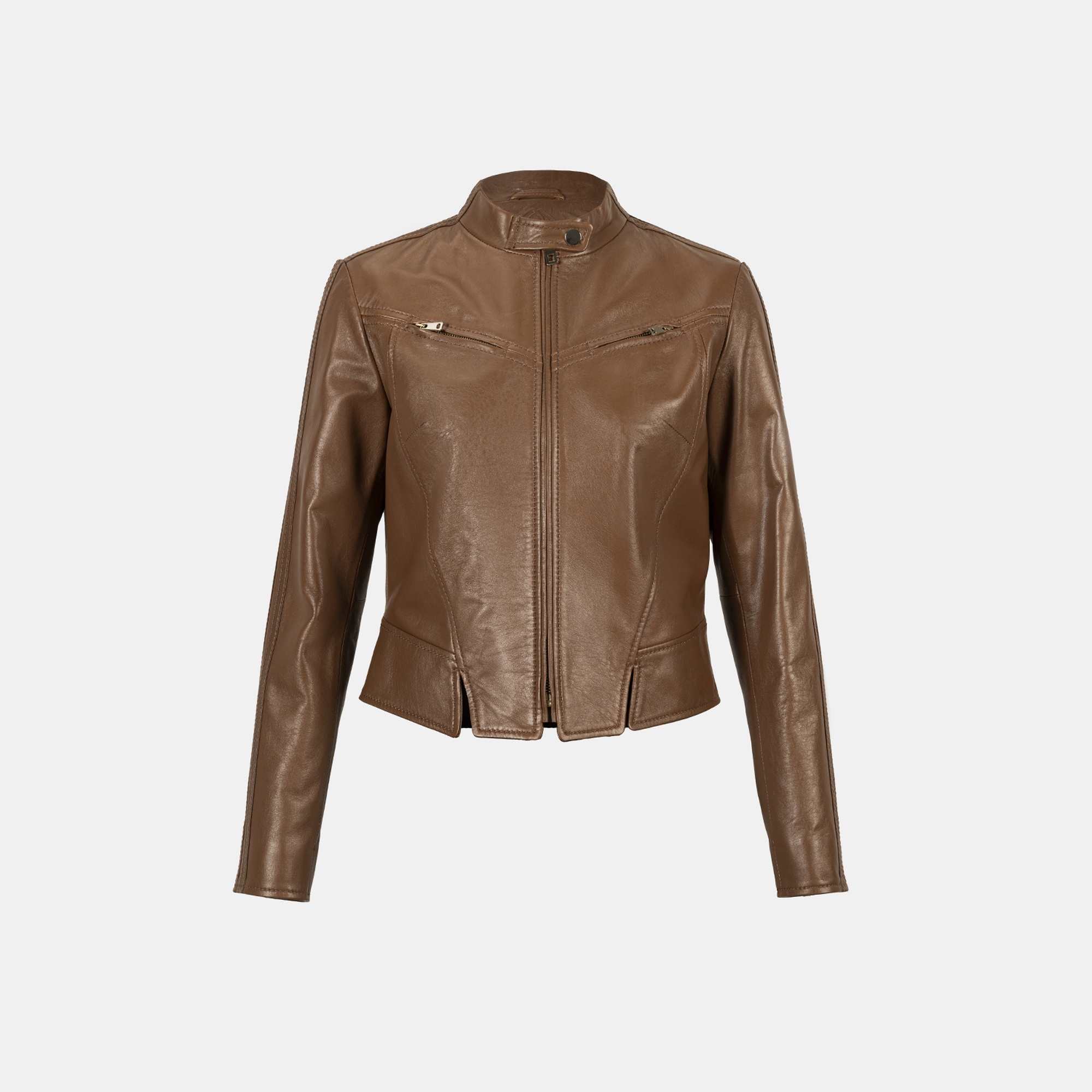 Kadın Taba Deri Biker Ceket