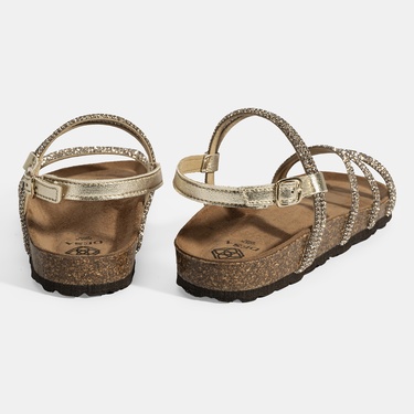  Kadın Altın Ayarlanabilir Tokalı Taş Detaylı Sandalet