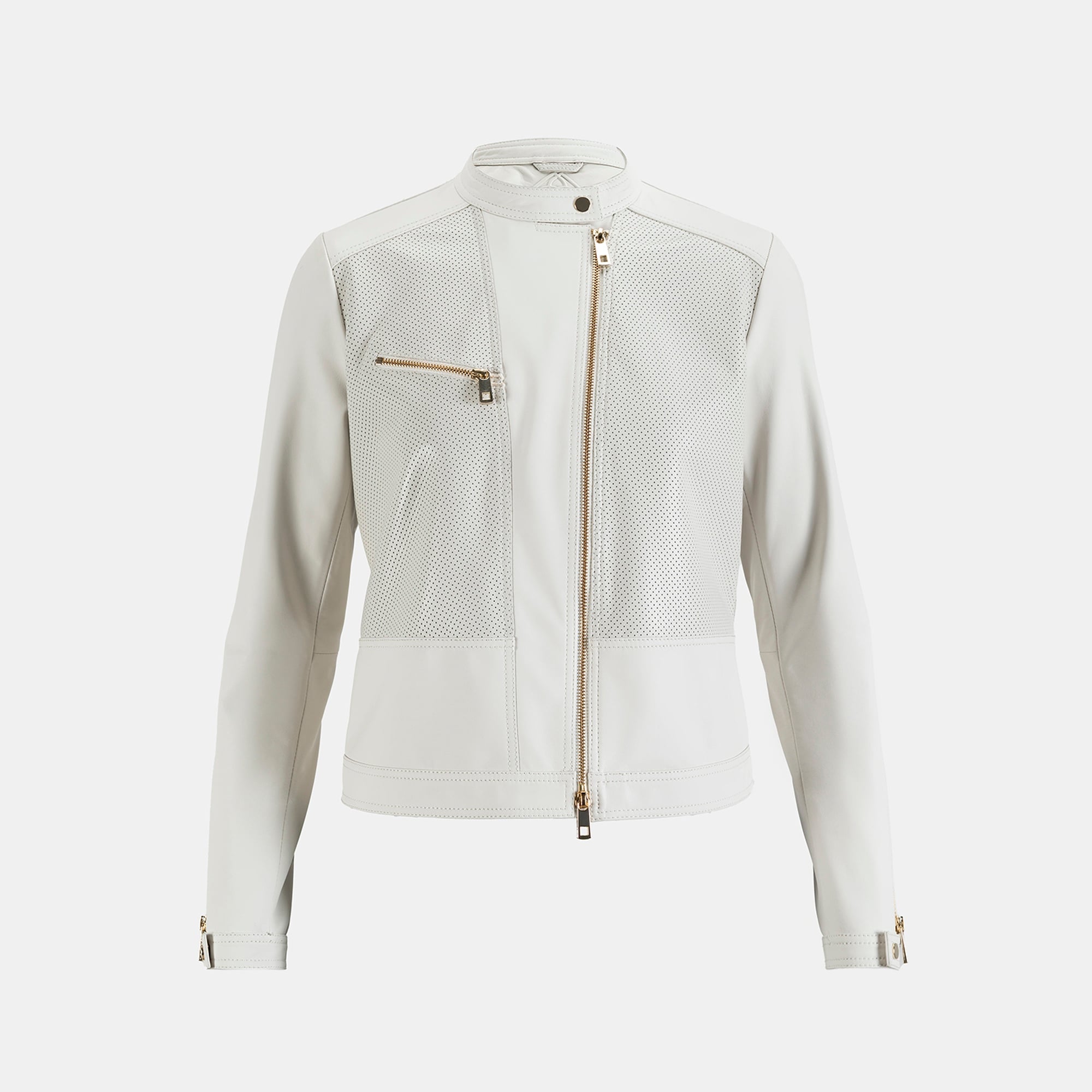 Kadın Beyaz Perfore Detaylı Deri Ceket