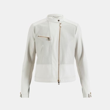  Kadın Beyaz Perfore Detaylı Deri Ceket