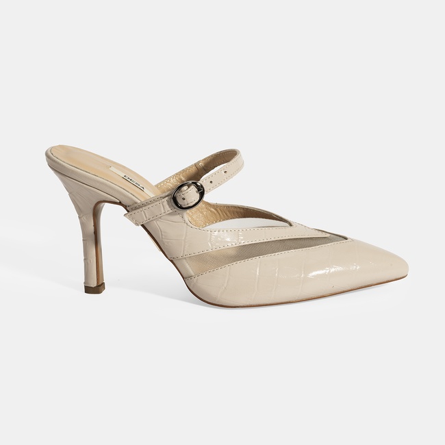  Kadın Krem Ayarlanabilir Tokalı Deri Abiye Topuklu Terlik