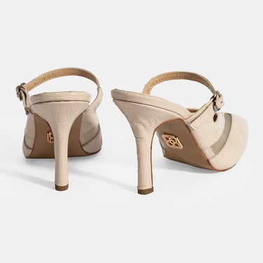  Kadın Krem Ayarlanabilir Tokalı Deri Abiye Topuklu Terlik