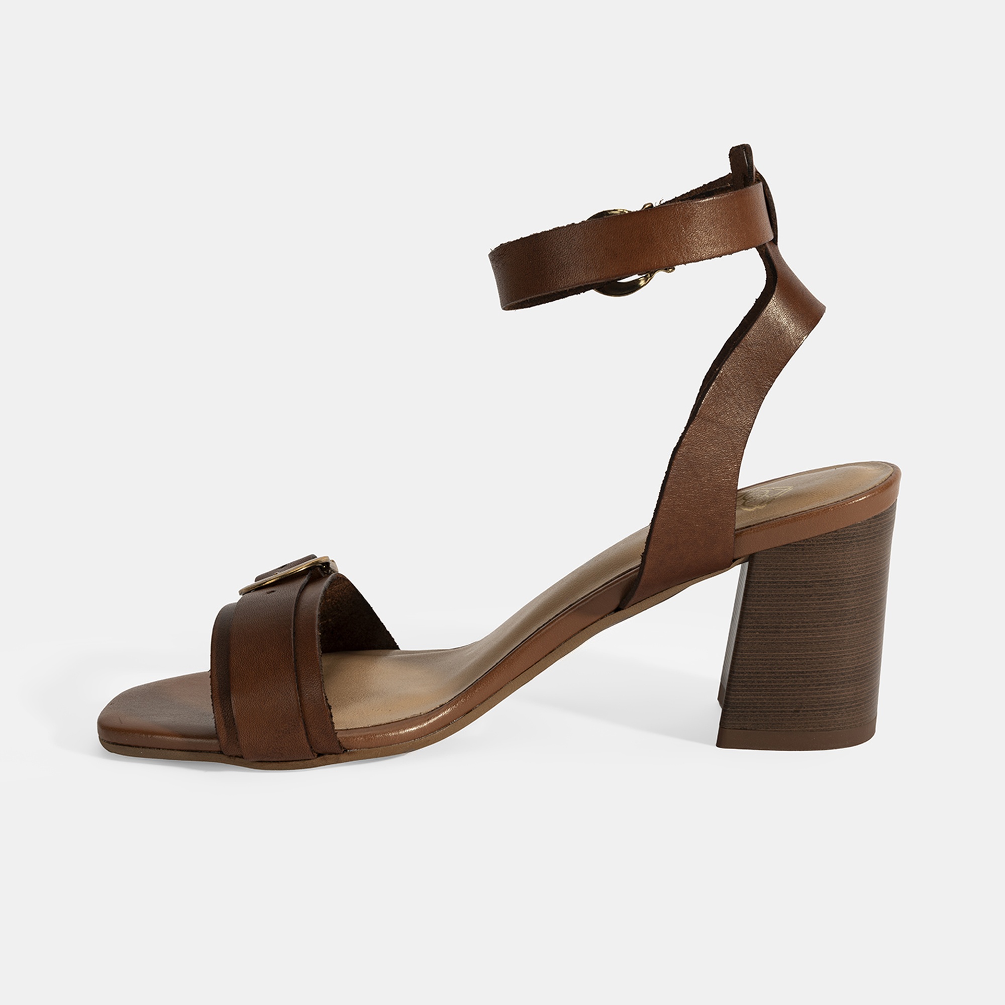 Kadın Taba Ayarlanabilir Tokalı Deri Topuklu Sandalet