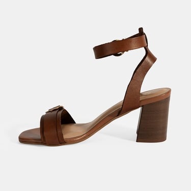  Kadın Taba Ayarlanabilir Tokalı Deri Topuklu Sandalet