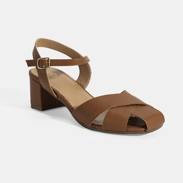  Kadın Taba Ayarlanabilir Tokalı Deri Topuklu Sandalet
