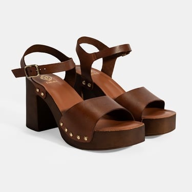  Kadın Kahve Ayarlanabilir Tokalı Deri Topuklu Sandalet