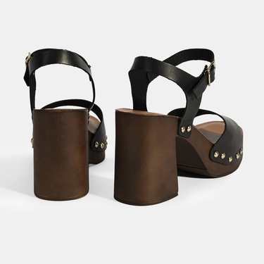  Kadın Siyah Ayarlanabilir Tokalı Deri Topuklu Sandalet