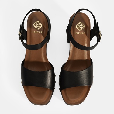  Kadın Siyah Ayarlanabilir Tokalı Deri Topuklu Sandalet