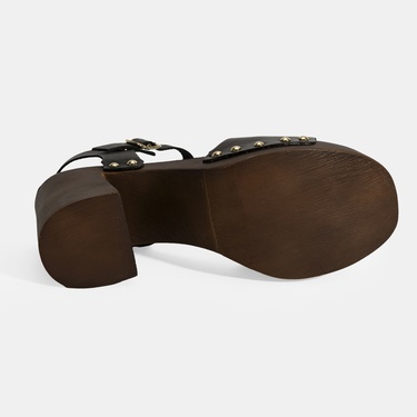  Kadın Siyah Ayarlanabilir Tokalı Deri Topuklu Sandalet