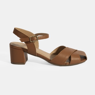  Kadın Taba Ayarlanabilir Tokalı Deri Topuklu Sandalet