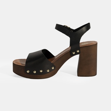  Kadın Siyah Ayarlanabilir Tokalı Deri Topuklu Sandalet