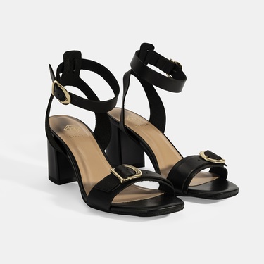  Kadın Siyah Ayarlanabilir Tokalı Deri Topuklu Sandalet