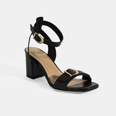  Kadın Siyah Ayarlanabilir Tokalı Deri Topuklu Sandalet